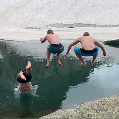 Jumping in to mountain lake